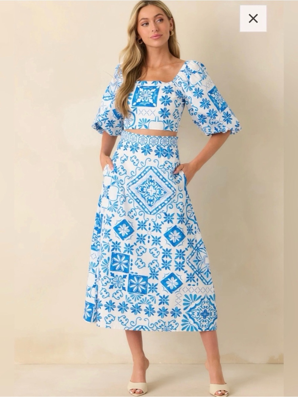PROSPERINA HEMINGWAY BLUE TILE PRINT COTTON MIDI SKIRT Size S